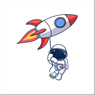 Astronaut Floating With Rocket Balloon Posters and Art